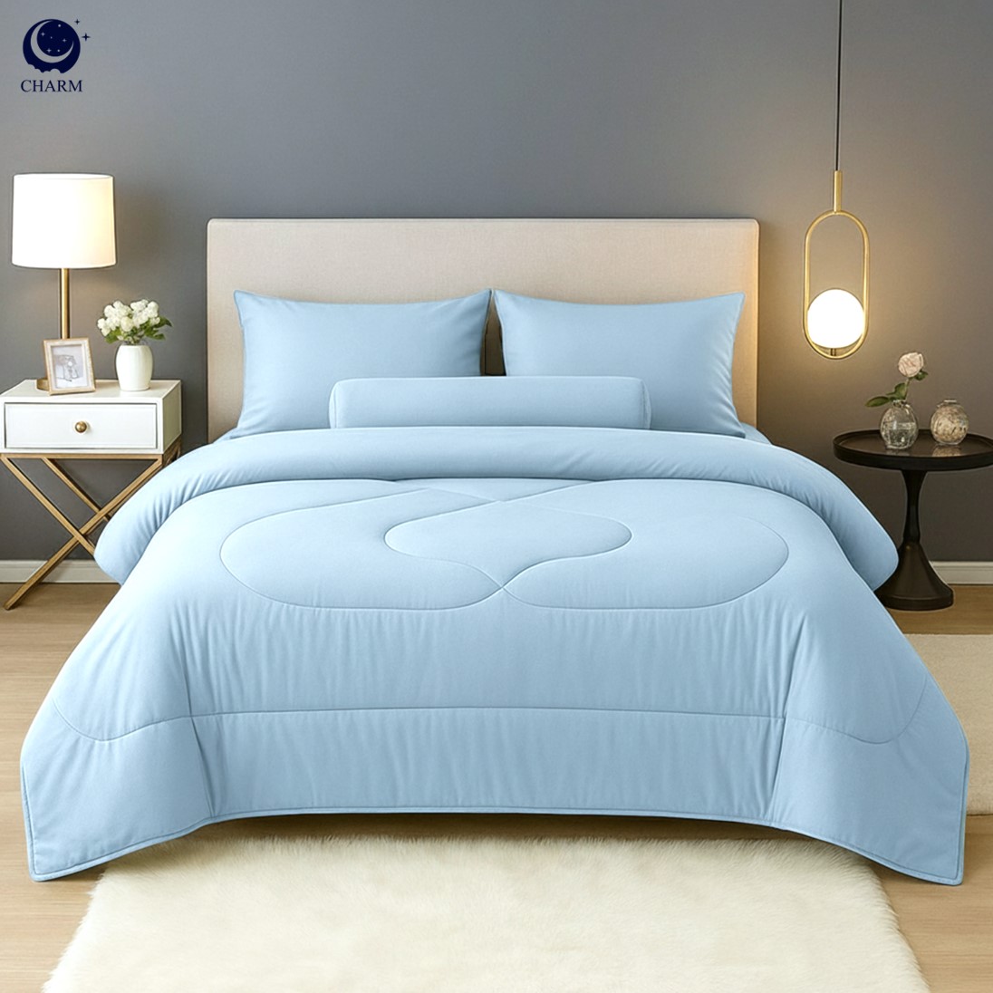 ชุดผ้าปูที่นอน 5 ฟุต 6 ชิ้น CHARM สี SKY BLUE คอลเลคชั่น CLASSIC_1